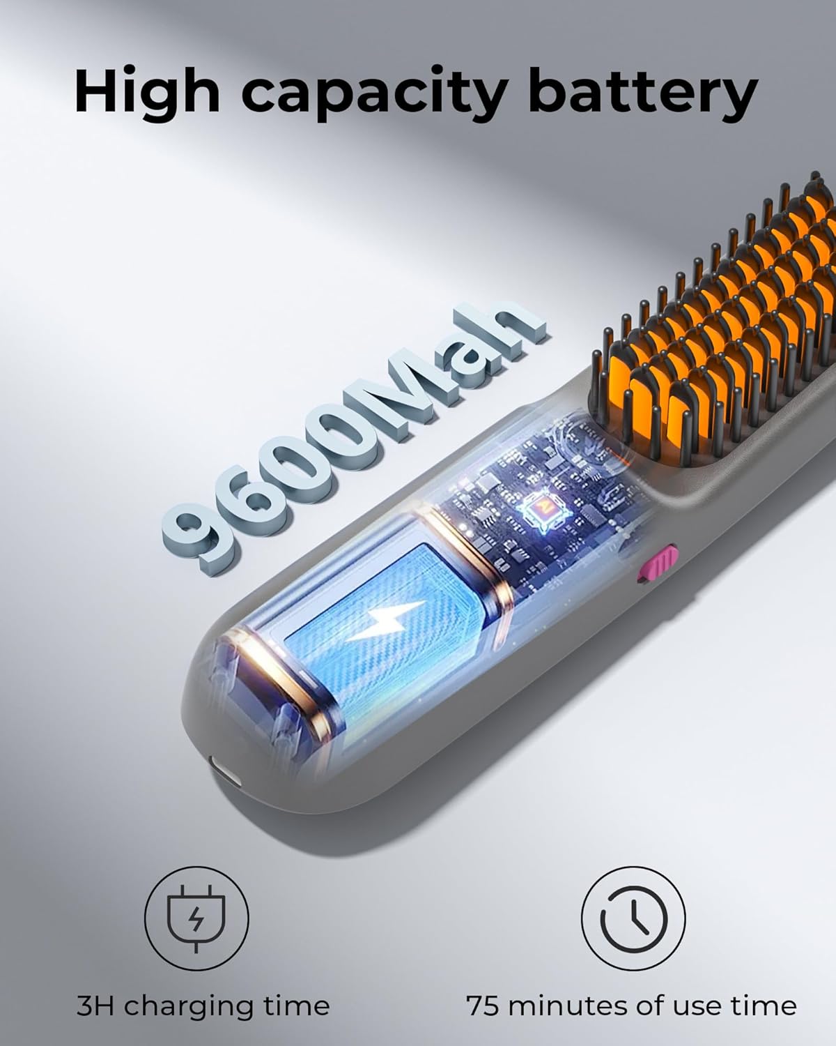 Cordless Hair Straightener Brush, Mini Heated Portable Hot Brush Hair Straightening for Women, 9600mah Battery USB-C Rechargeable, 200 Million Negative Ions for Travel - Image 3