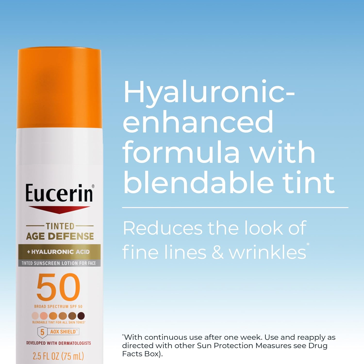 Eucerin Sun Tinted Age Defense SPF 50 Face Sunscreen Lotion with Hyaluronic Acid, Hypoallergenic, Non-Comedogenic Tinted Sunscreen SPF 50 Free of Fragrance, Oxybenzone and Octinoxate, 2.5 Fl Oz Bottle - Image 2