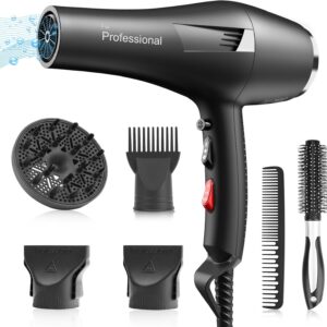 Ionic Salon Hair Dryer, Professional Blow Dryer AC Motor Fast Drying with 2 Speed, 3 Heat Setting, Cool Button, with Diffuser, Nozzle, Concentrator Comb for Curly & Straight Hair-Black