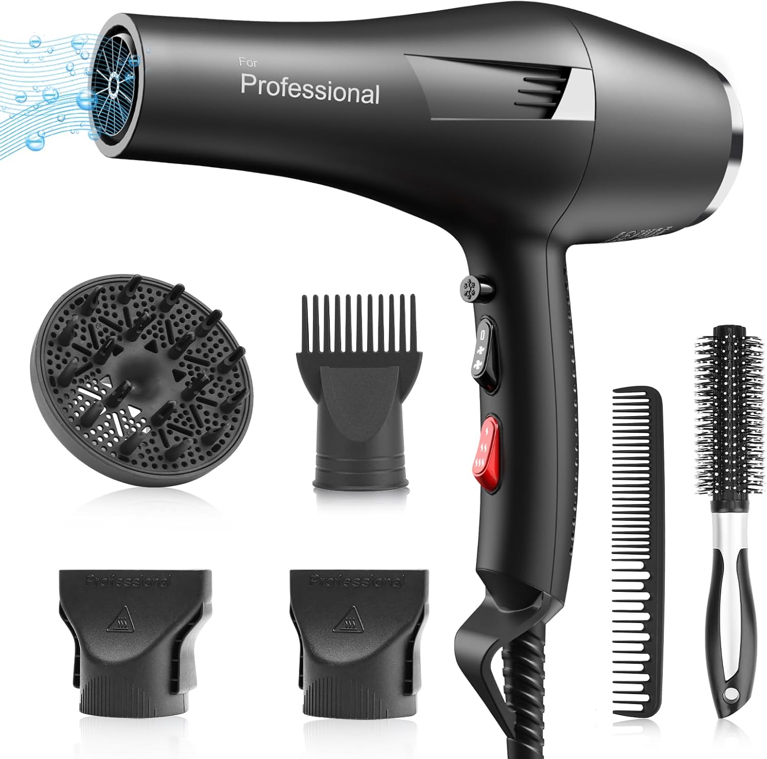 Ionic Salon Hair Dryer, Professional Blow Dryer AC Motor Fast Drying with 2 Speed, 3 Heat Setting, Cool Button, with Diffuser, Nozzle, Concentrator Comb for Curly & Straight Hair-Black