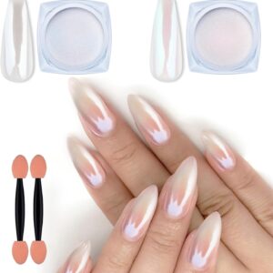 Artdone 2 Jars Chrome Nail Powder White and Red Pearl, Iridescent Aurora Powder Metallic Mirror Effect Pigment Pearlescent Mermaid Pearl Dust Kit, Decoration Resin Craft