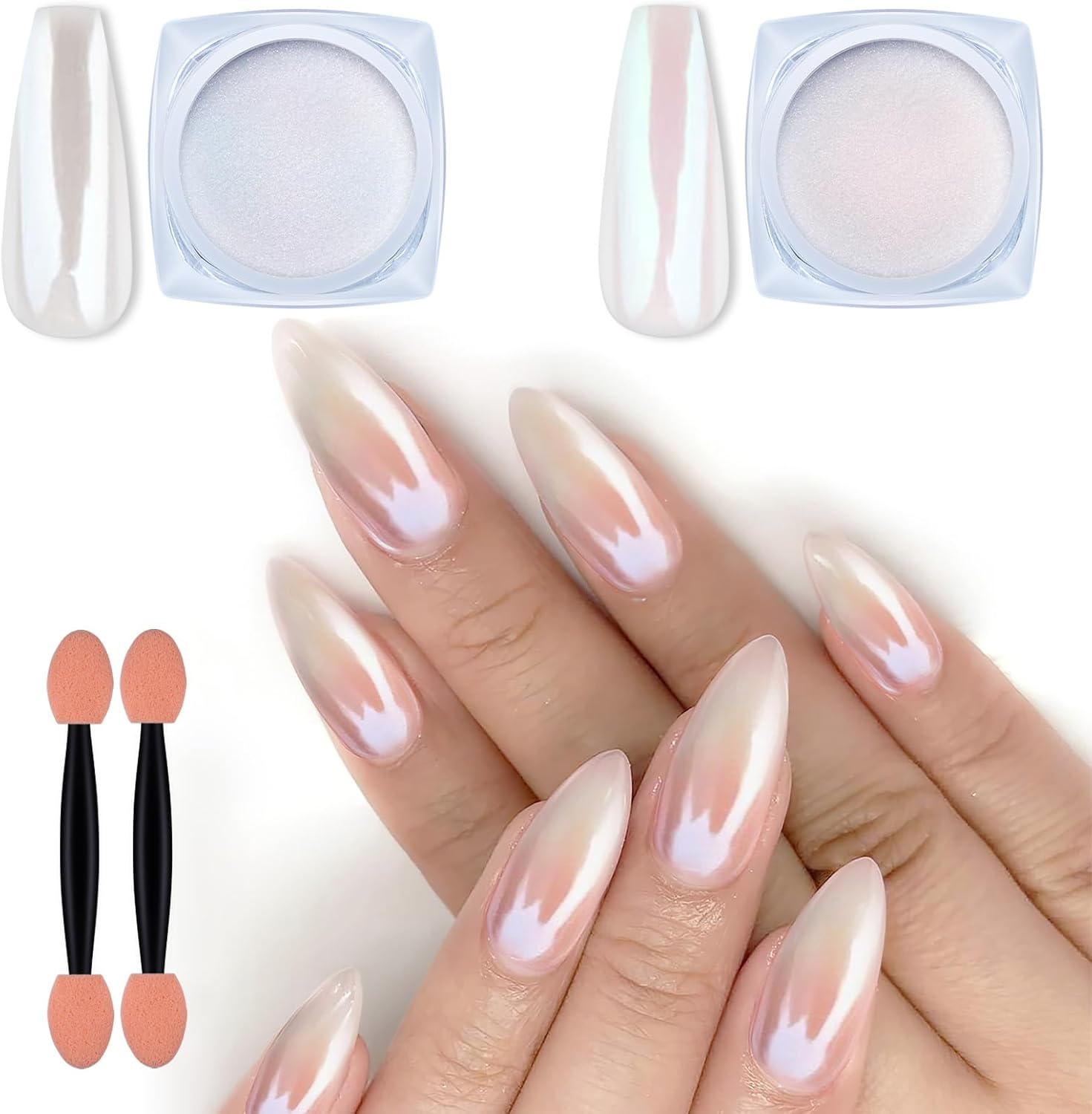 Artdone 2 Jars Chrome Nail Powder White and Red Pearl, Iridescent Aurora Powder Metallic Mirror Effect Pigment Pearlescent Mermaid Pearl Dust Kit, Decoration Resin Craft