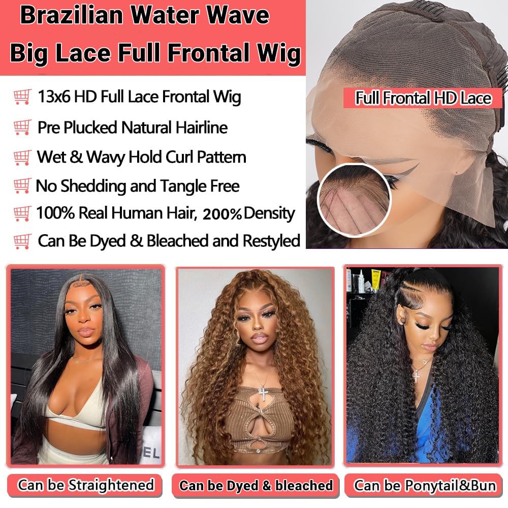 34 Inch 13x6 Lace Front Wigs Human Hair Water Wave Hd Lace Frontal Wigs Human Hair Wet And Wavy Pre Plucked With Baby Hair 200 Density Natural Color - Image 3