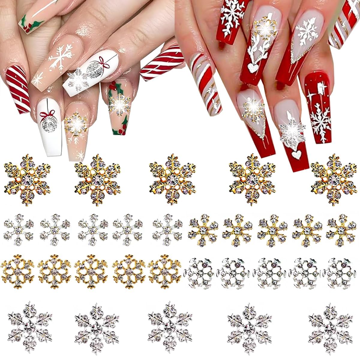 30PCS Christmas Snowflake Nail Charms, Silver Snowflake Nail Art Charms for Acrylic Nails, 3D Alloy Snowflake Charms for Women Manicure DIY Crystals Winter Christmas Nails S3