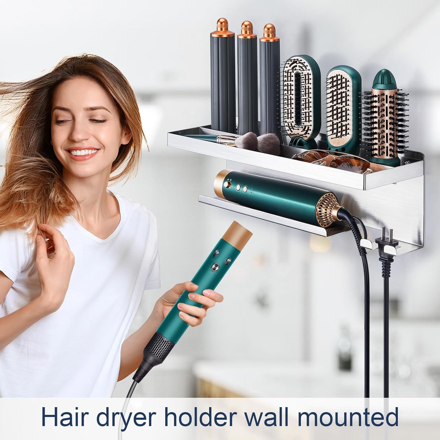 Stainless Steel Wall Mount Hair Dryer Holder and Curling Iron Organizer for Bathroom Storage - Image 5