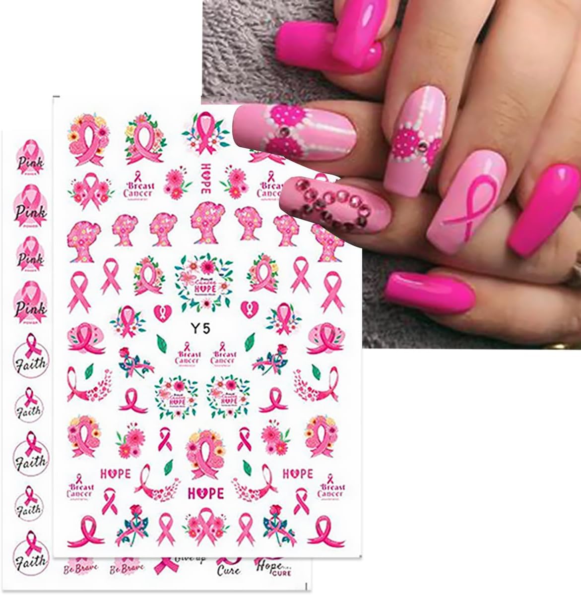 6 Sheets Breast Cancer Nail Art Stickers 3D Self-Adhesive Heart Letter Nail Stickers Pink Ribbon Nail Decals Breast Breast Cancer Nail Design Stickers for Women Girls Acrylic Manicure Salon - Image 5