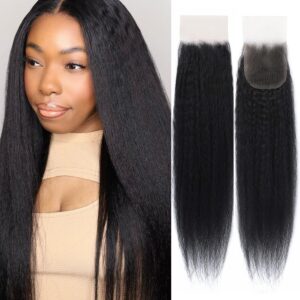 Kerriana Lace Closure Human Hair 16 Inch Kinky Straight 4x4 Transparent Yaki Human Hair Closure Natural Black Color Free Part