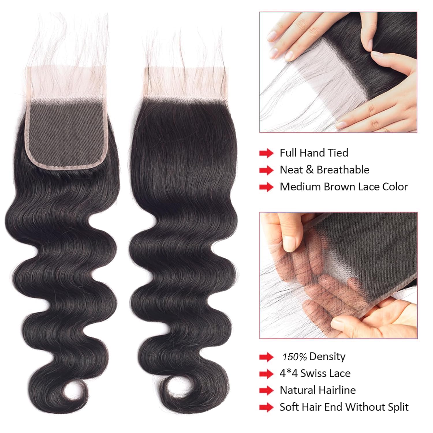 ALLRUN Body Wave Bundles with Closure Human Hair 100% Unprocessed Brazilian Human Hair Bundles Body Wave with 4x4 Lace Closure Free Part Wavy Sew In Hair Extensions Black Color 14 16 18+12 Inch - Image 3