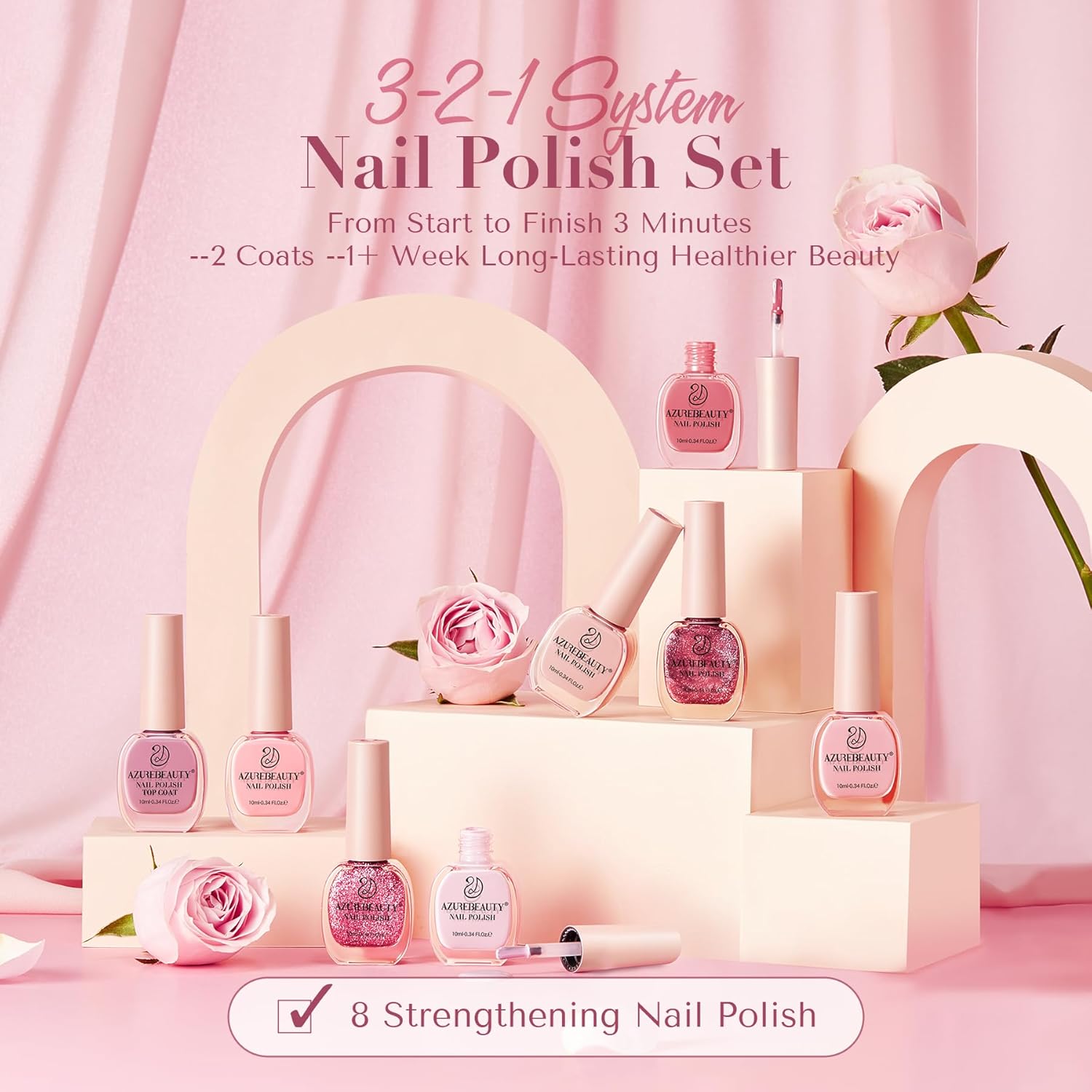 AZUREBEAUTY Light Dark Pink Nude Orange Champagne Glitter Quick Dry Nail Polish Set 8 Colors, Natural Nail Lacquer Strengthening Treatment Kit DIY Salon - Image 2