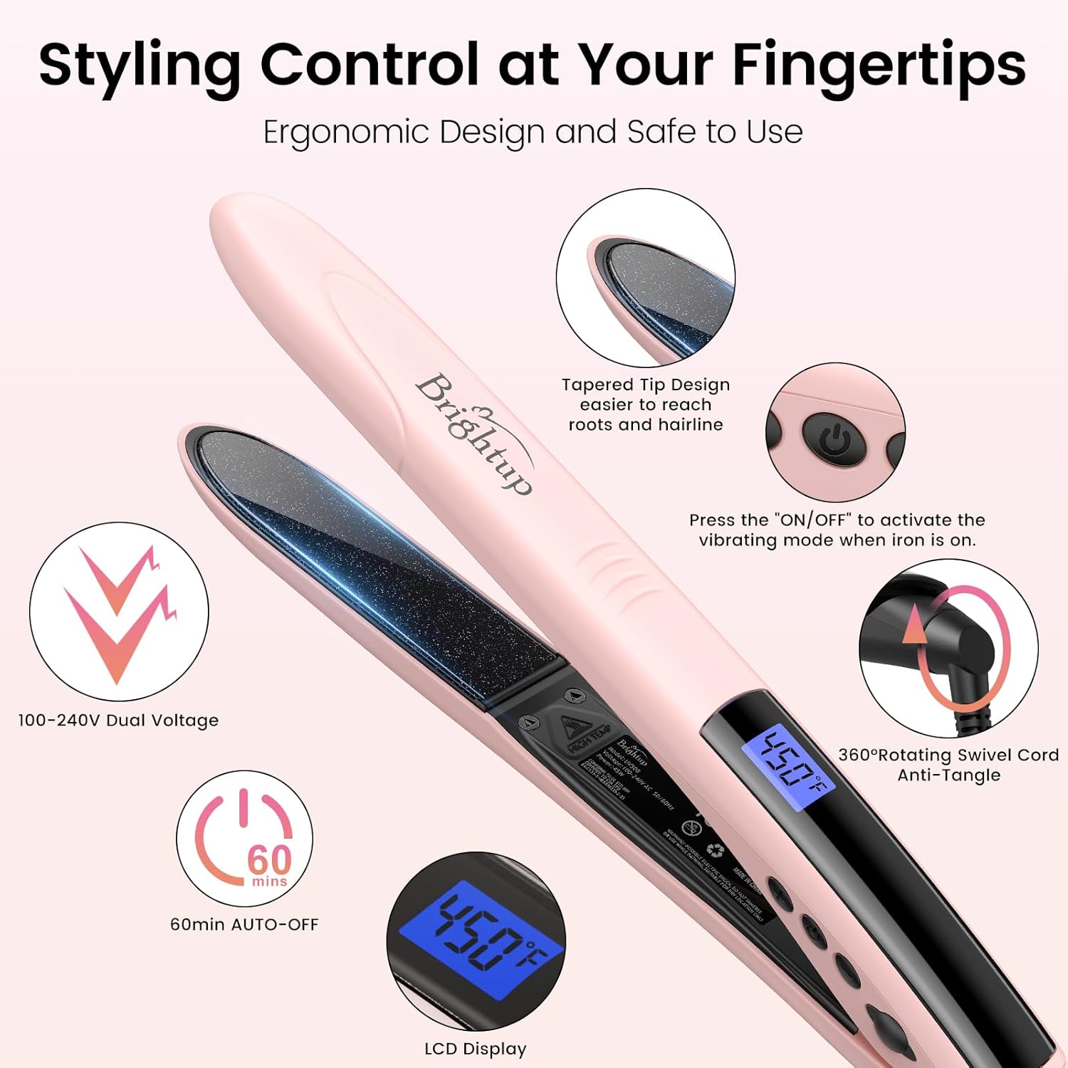 Brightup Tourmaline Ceramic Hair Straightener and Curler 2 in 1 with 1 Inch Vibrating Plates, Ionic Flat Iron with 10 Temp Control/Auto Shut Off, 20S Fast Heating for Smooth Long Lasting Results, Pink - Image 7