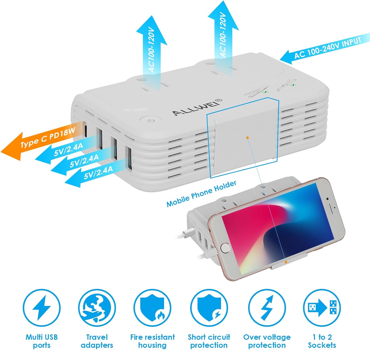 ALLWEI International Travel Adapter 220V to 110V Power Voltage Converter for Hair Straightener/Curling Iron, Universal Power Plug Adapter UK, US, AU, EU, IT, India (White) - Image 4
