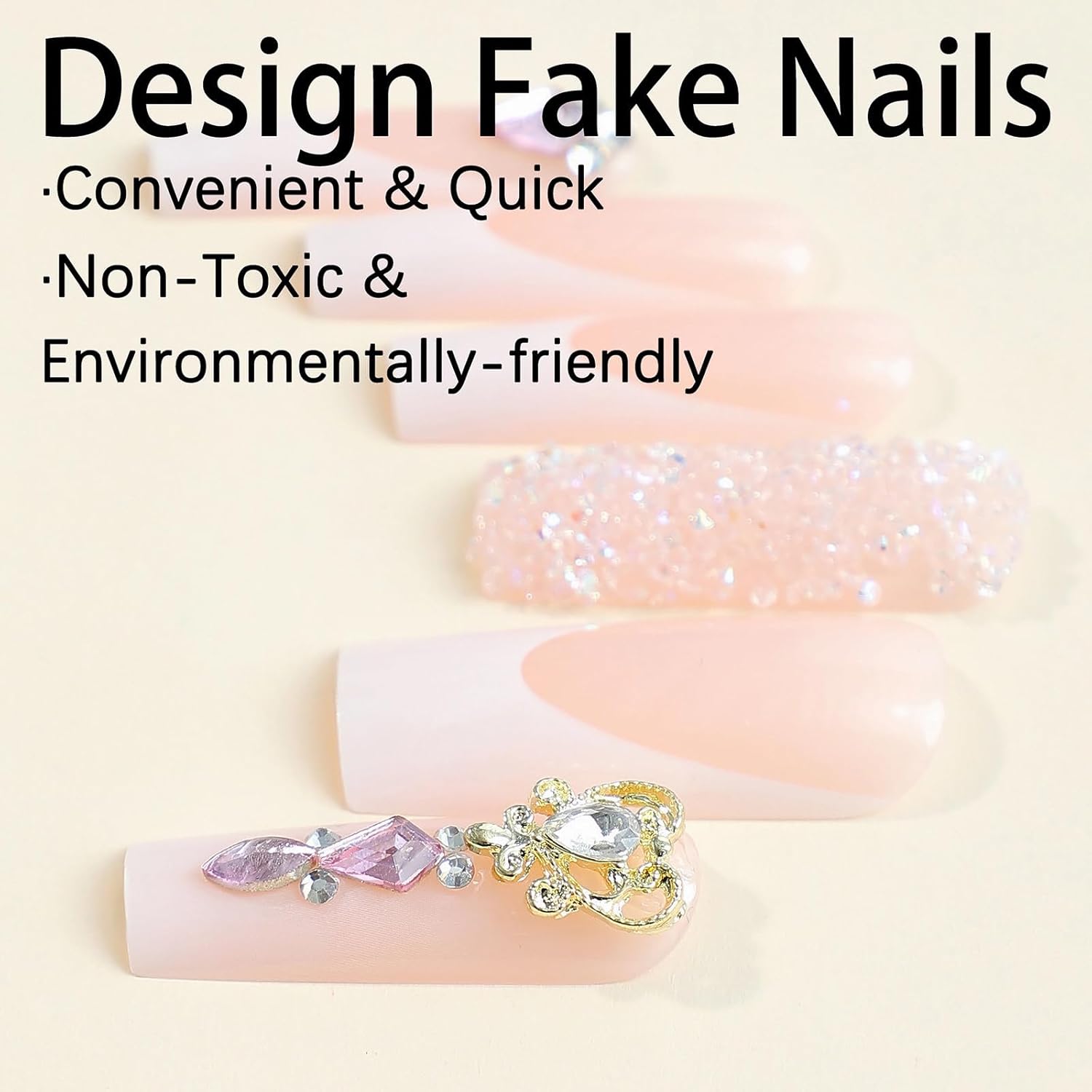 MISUD Press on Nails Long Square Fake Nails Glossy Glue on Nails White French Tip Acrylic Nails Squoval Artificial Nails Rhinestone Stick on False Nails with Bling Glitter Design 24 pcs - Image 3
