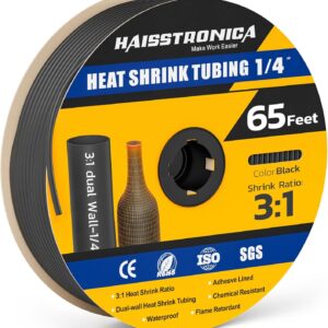 haisstronica 3:1 Heat Shrink Tubing, Shrink Ratio Adhesive Lined Marine Grade Heat Shrink Tube for Home, Automotive and Industrial (Black) 65FT 1/4inch