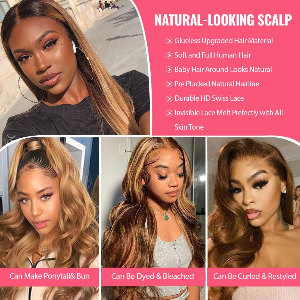 Ombre Honey Blonde 16 Inch 150 Density Human Hair Wig with Dark Roots and HD Lace Frontal - Image 3