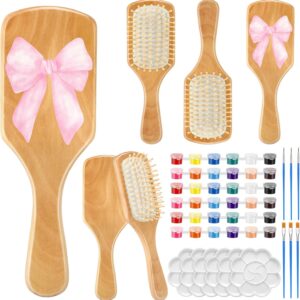 Meanplan 6 Set DIY Wooden Hairbrush Painting Kits Make Your Own Hair Brush Girls Hand-painted Hairbrush Night Party Supplies with Paint Brush and Palette for DIY Gift Party Crafts