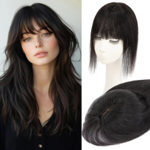 Rich Choices Real Human Hair Toppers for Women 3D Cover Clip in Bangs 100% Remy Human Clip in Silk Base Hair Topper with Bang for Thinning 150% Density 8 Inch #1BR Black