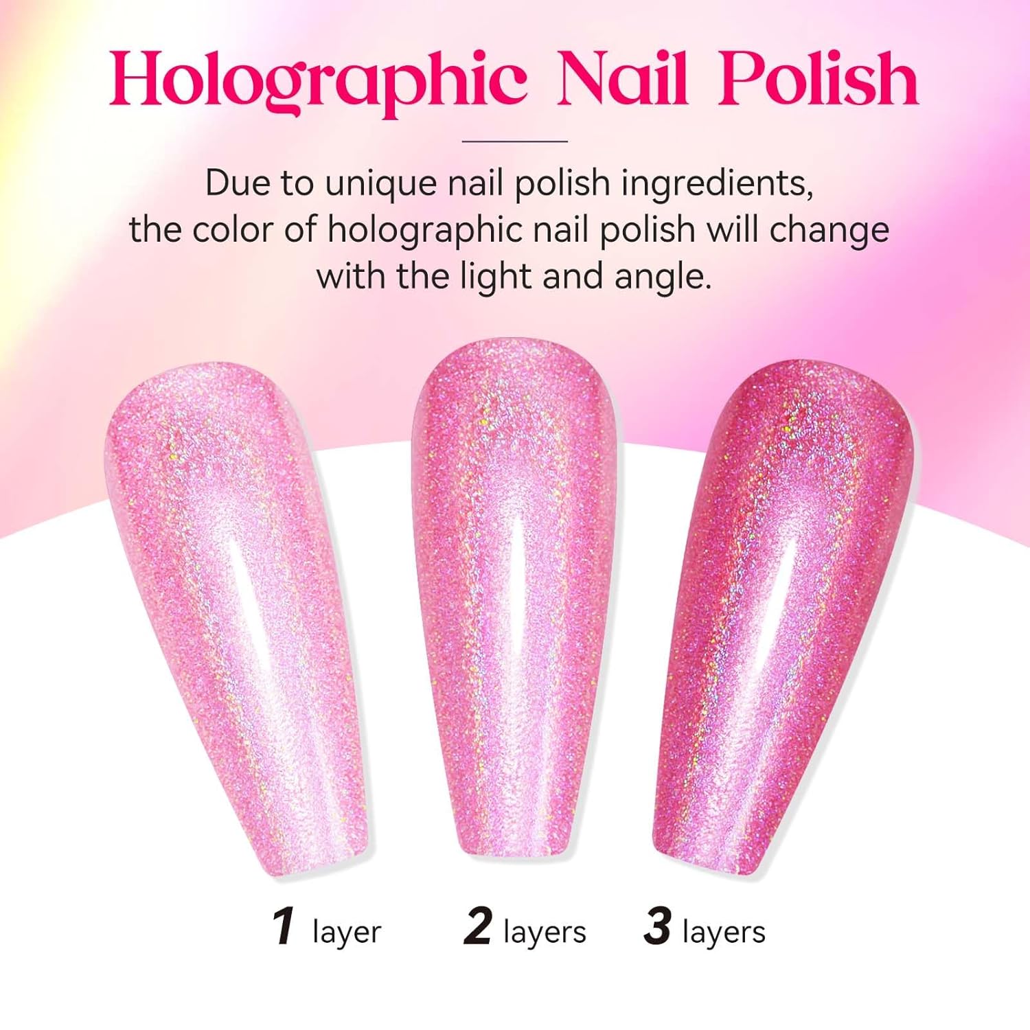 MIZHSE Holographic Nail Polish, Pink Glitter Nail Polish Air Dry Fast, 15 ml High Glossy Shimmer Nail Pigment Oil-based Laser Iridescent Nail Lacquer Chrome Halo Nail Art Salon Manicure Home - Image 2