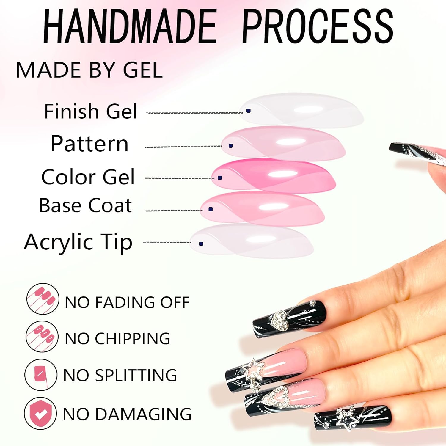 Long Press on Nails Black French Tip Long Fake Nails Coffin Press on Nails Square Black False Nails with Silver Star Charm Design Acrylic Nails Press on Artificial Nails Stick on Nails For Women-24Pcs - Image 2