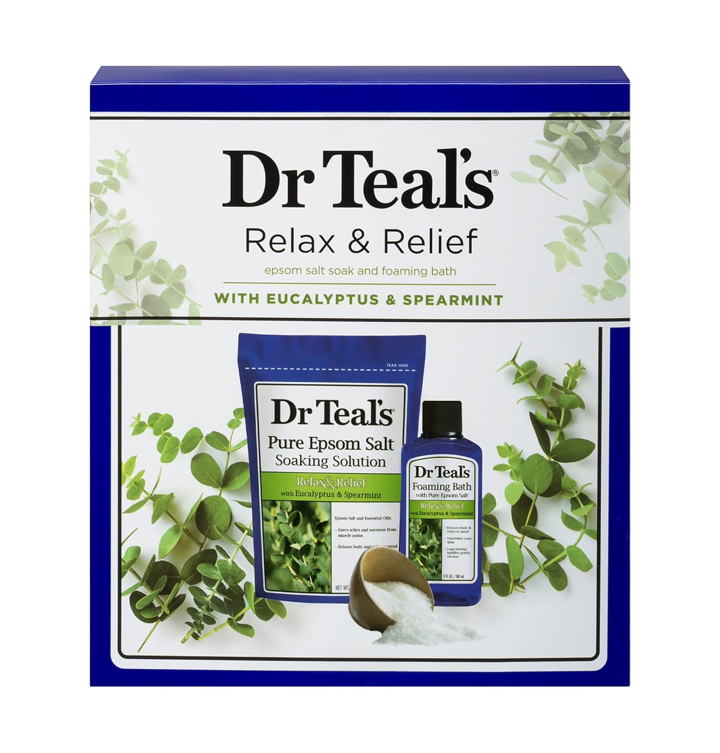 Dr Teal's Eucalyptus Epsom Salt & Foaming Bath Oil Sampler Gift Set - Give The Gift of Rejuvenation & Self Care! - 14 oz Bag of Eucalyptus Bath Salts & 3 oz Bottle of Eucalyptus Foaming Bath Oil - Image 2