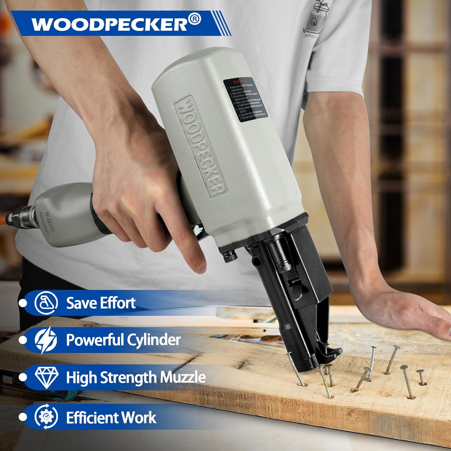 WOODPECKER BD70 Pneumatic Nail Puller Nail Remover Tool, Heavy Duty Air Denailer Gun for Recycling Wood and Pallets - Image 2