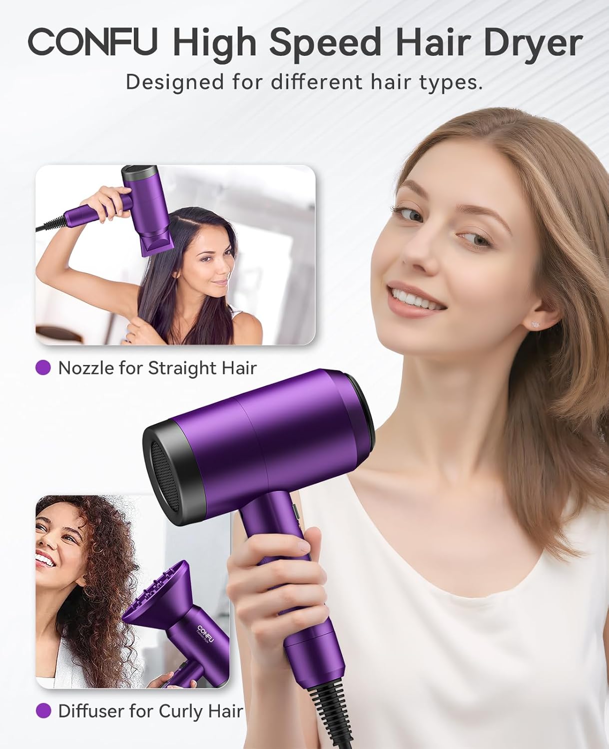 Hair Dryer with Diffuser, CONFU Ionic Blow Dryer 1600W, Portable Lightweight Fast Drying Negative Ion Hairdryer, 3 Heat Settings with Diffuser and Concentrator Nozzle for Home & Travel - Image 4