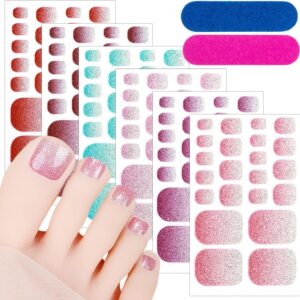 Glitter Toe Gel Nail Stickers - 6 Sheets Full Wraps Polish Strips Supply Self Adhesive Design Decals for Women Girls DIY Manicure Toenail Wraps