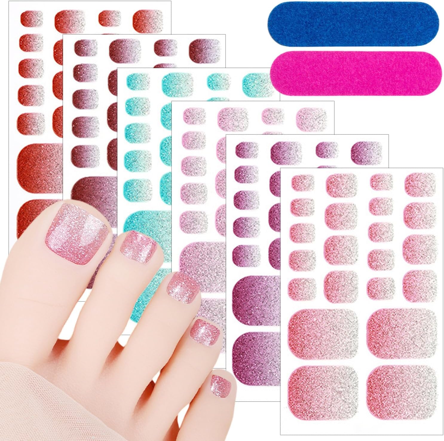 Glitter Toe Gel Nail Stickers - 6 Sheets Full Wraps Polish Strips Supply Self Adhesive Design Decals for Women Girls DIY Manicure Toenail Wraps
