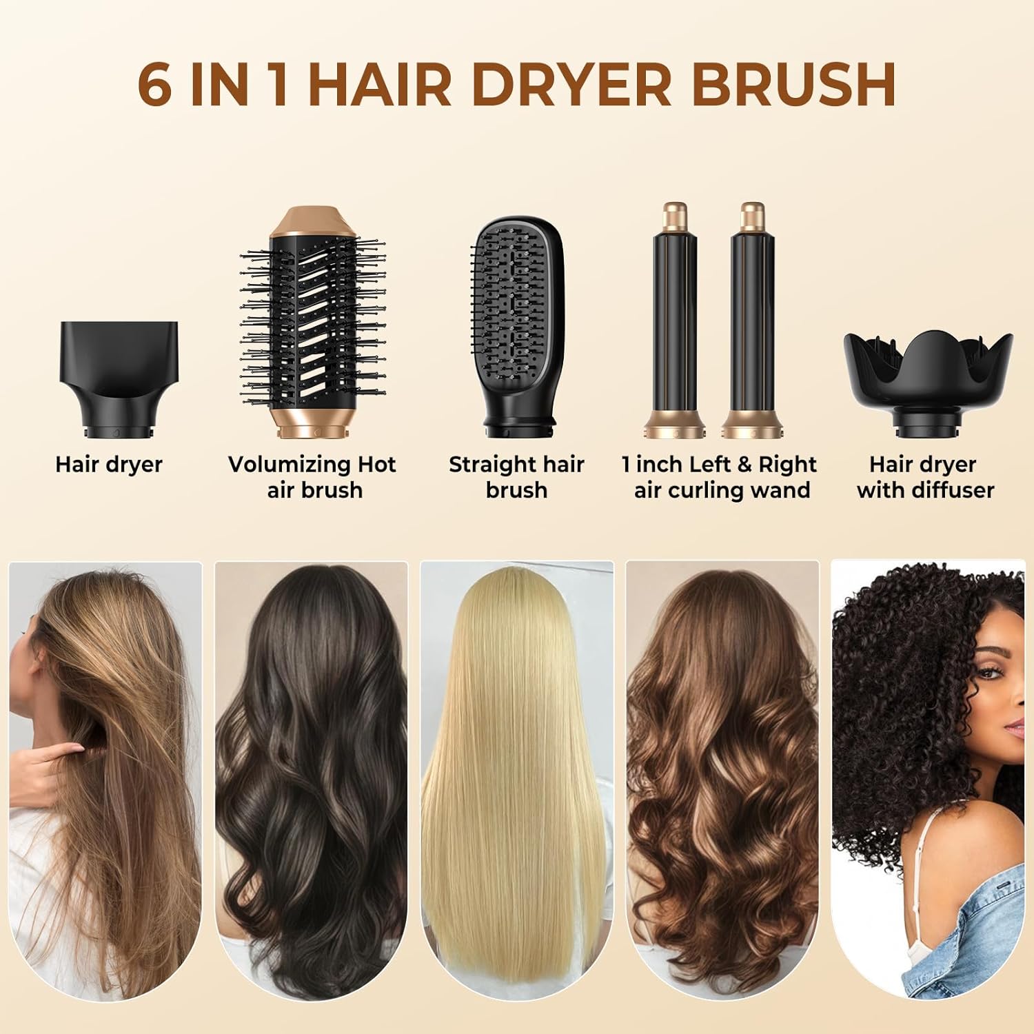 6 in 1 Hair Dryer Brush, Foldable Blow Dryer Brush with Wrap Curler, Detachable Air Hair Styler Curling, Drying,Volumizing, Straightening, Negative Ionic Hair Dryer with Diffuser, Hair Styling Tools - Image 2