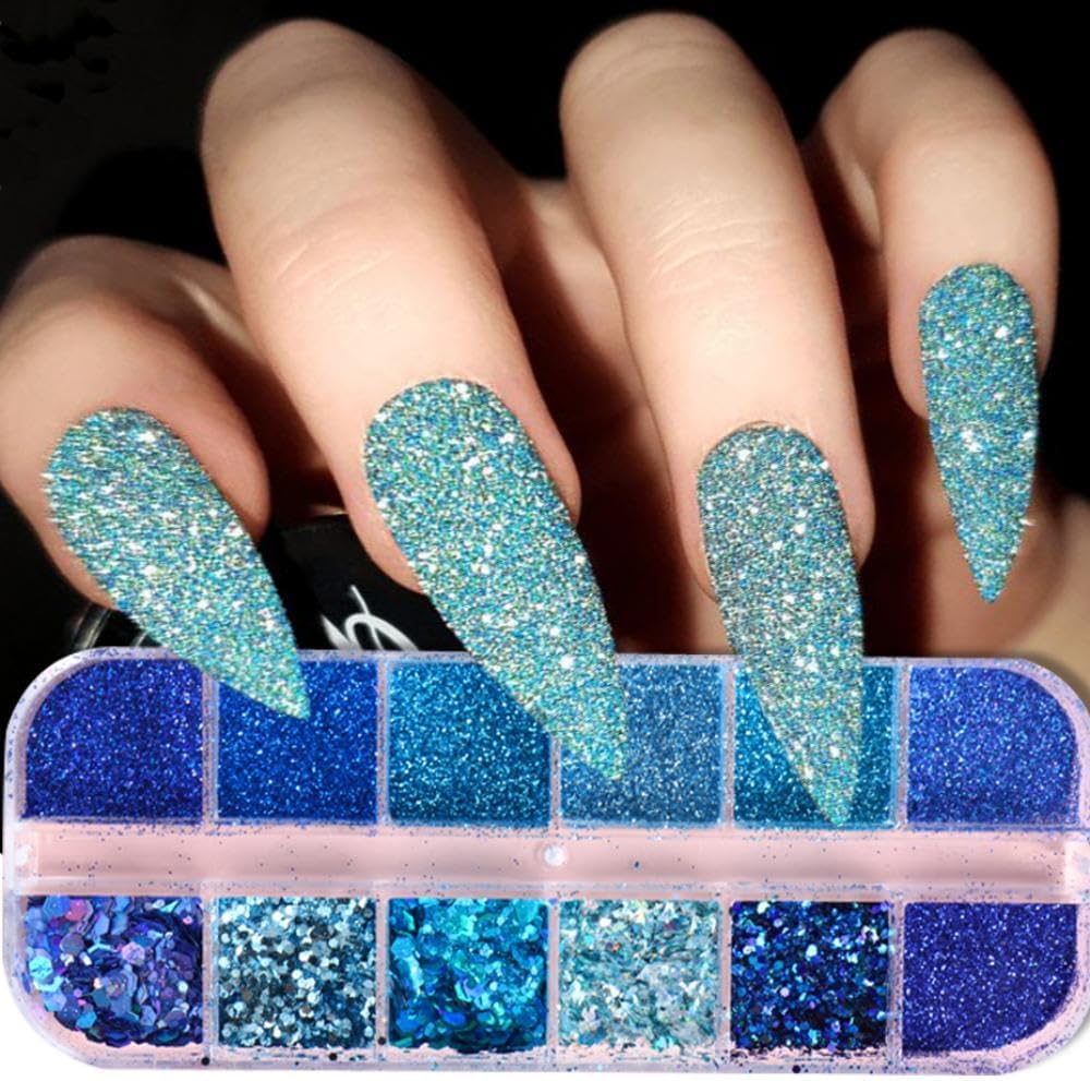 Nail Art Foil Flakes Powder 3D Holographic Nail Art Foil Glitter Sequins Blue Glitter Nails for Women Girls Acrylic Nails DIY Decorations Charms - Image 5