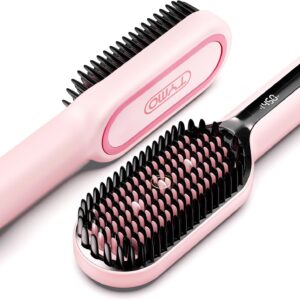 TYMO Hair Straightener Brush - Upgraded Ionic Plus Straightening Brush with Dense Bristles, 16 Temps, Dual Voltage | Ceramic Hot Comb for Women | Flat Iron for Thick Curly Hair, Pink