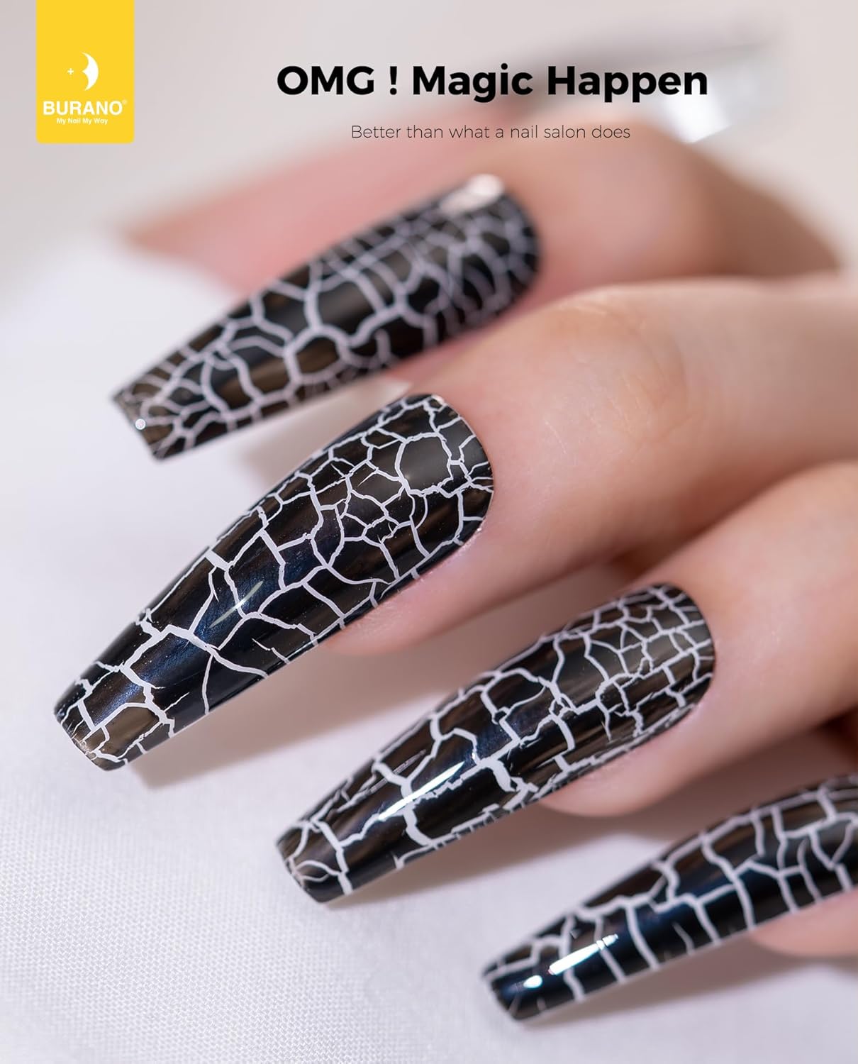 BURANO Crackle Gel Nail Polish Set - Black & White, Air Dry & LED Lamp Needed - Image 2