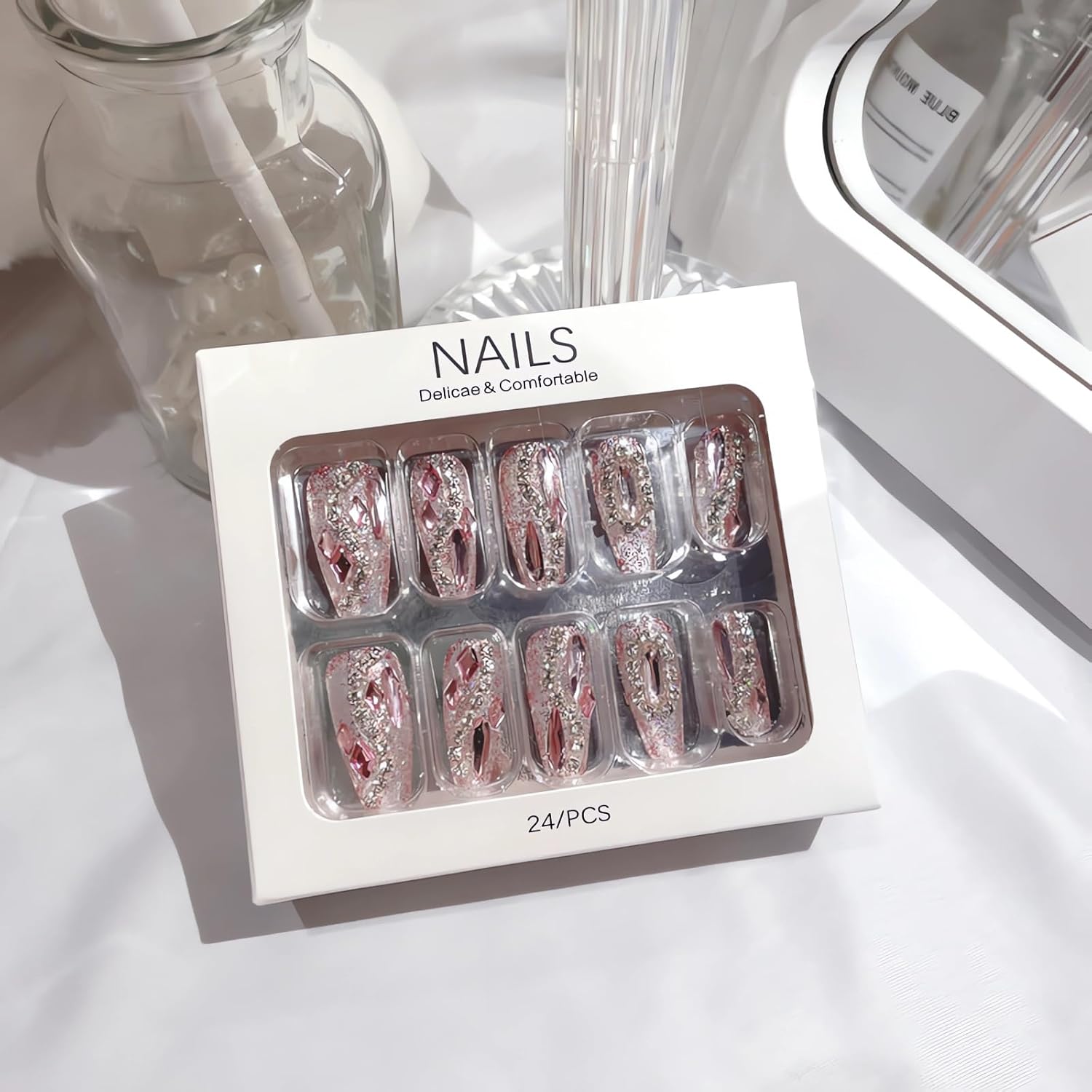 IMSOHOT Long Press on Nails Coffin Glitter Fake Nails Shiny Pink Rhinestone Full Cover False Nails Glue on Nails Luxury Ballerina Artificial Acrylic Nails for Women 24Pcs - Image 4