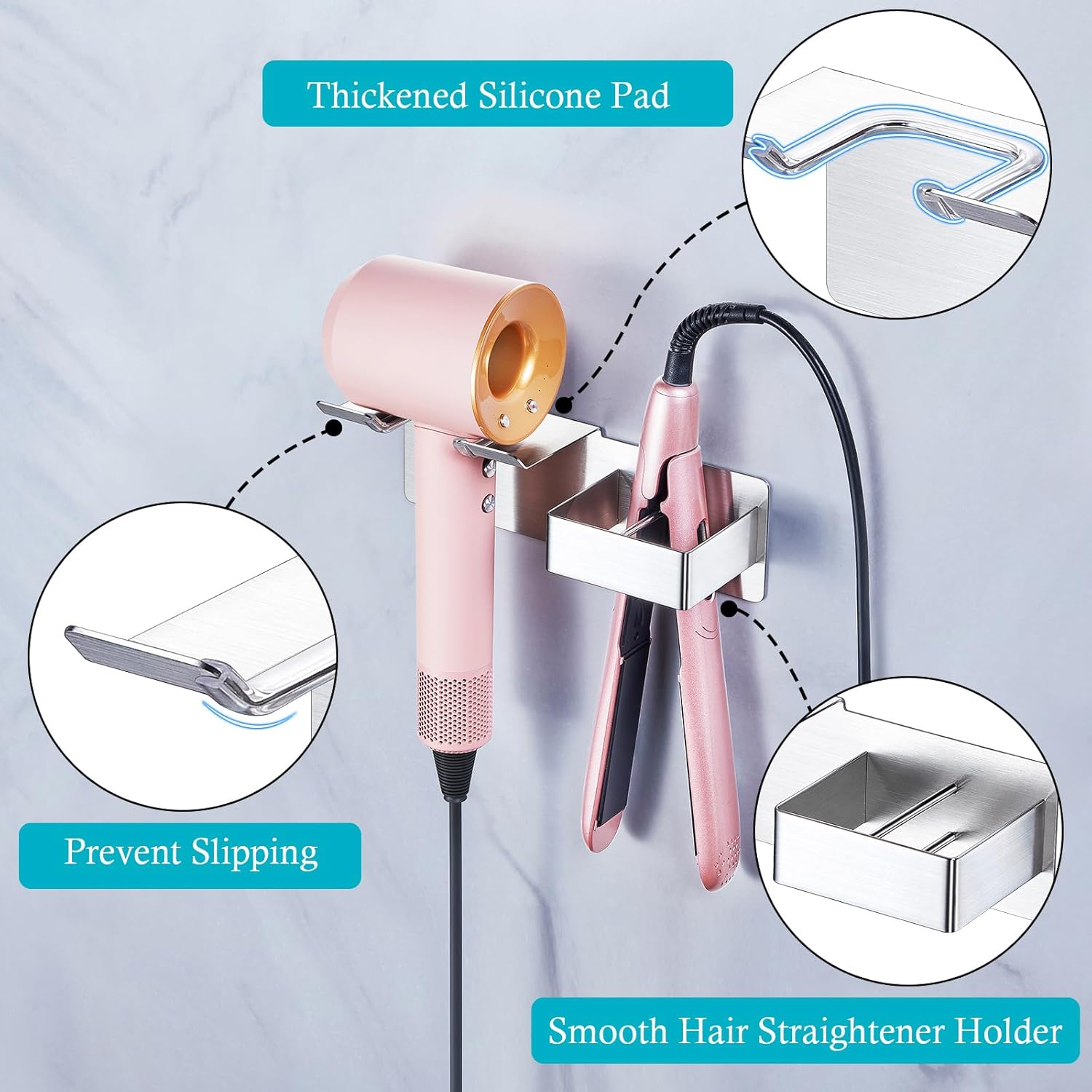 Stainless Steel Wall Mount Hair Dryer and Straightener Organizer for Bathroom Storage - Image 3