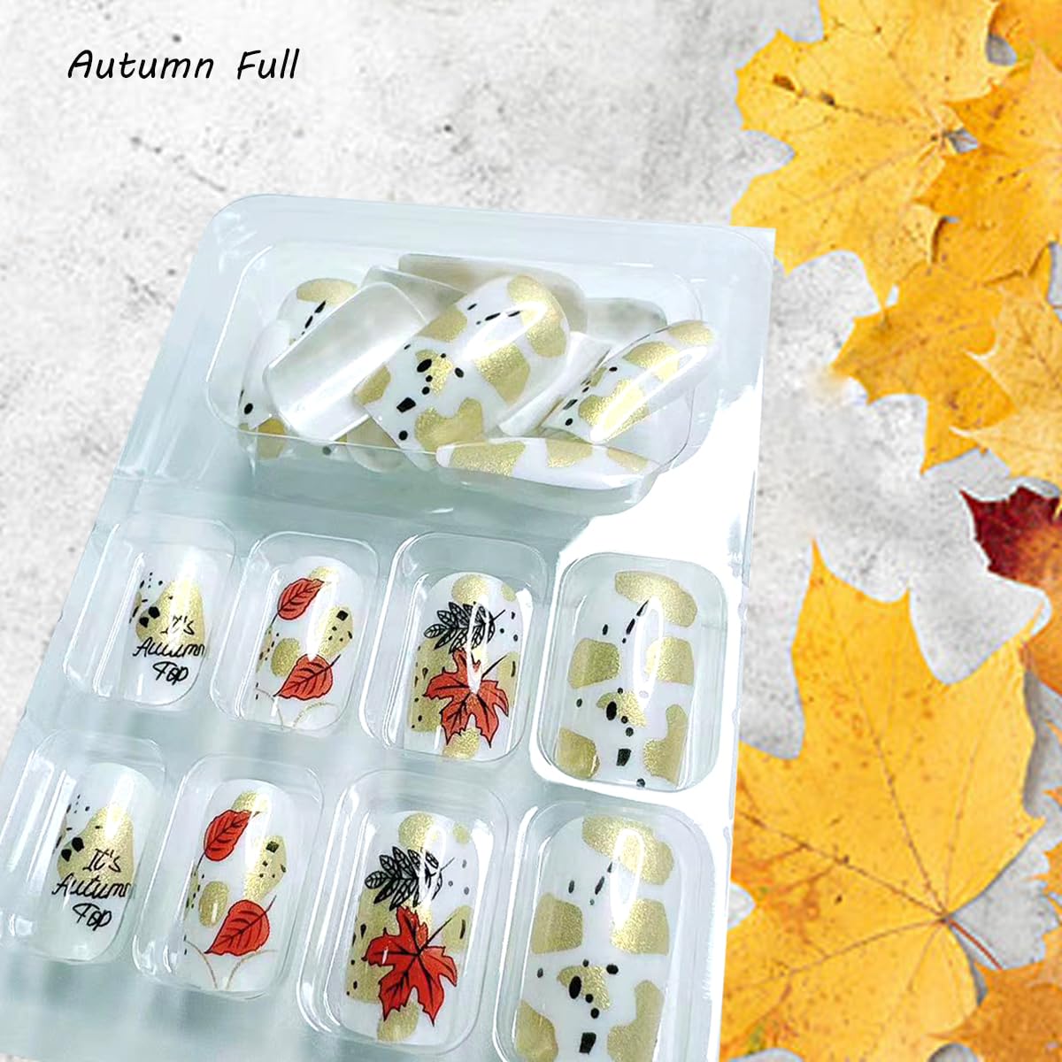 24Pcs Fall Press on Nails Short Maple Leaf and Letter with Designs, Full Cover Fake Nails Glossy Autumn Nail Tips Medium Square Shaped for Women Girls Nails Supplies Thanksgiving Decorations - Image 3