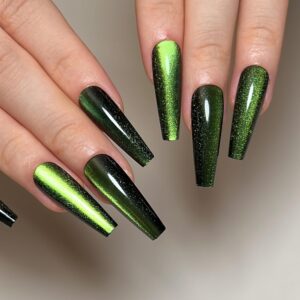 Green Press on Nails Long Coffin Fake Nails Gradient False Nails with Glitter Designs Glossy Acrylic Nails Full Cover Reusable Stick on Nails Jelly Press on Nails for Women and Girls 24Pcs