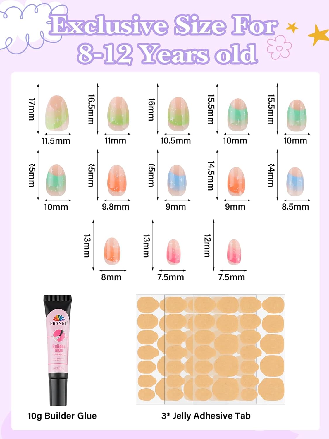 78 Pieces Press on Nails for Kids, EBANKU 3 Pack Kid Fake Nail Kit Old Colorful Flower Press on Nails for Girls 8-12 Years with Jelly Nail Adhesives & Nail Builder Glue - Image 3