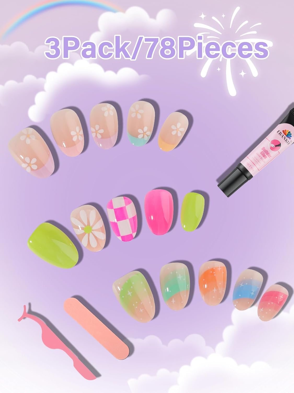 78 Pieces Press on Nails for Kids, EBANKU 3 Pack Kid Fake Nail Kit Old Colorful Flower Press on Nails for Girls 8-12 Years with Jelly Nail Adhesives & Nail Builder Glue - Image 5
