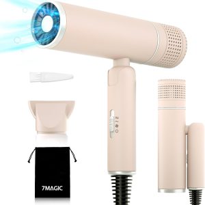 7MAGIC Foldable Hair Dryer, Powerful Ionic Blow Dryer for Fast Drying, Travel Hair Blow Dryer with Storage Bag, Lightweight Portable Hairdryer for Women, Cold/2 Heating/2 Speed Settings, Pink