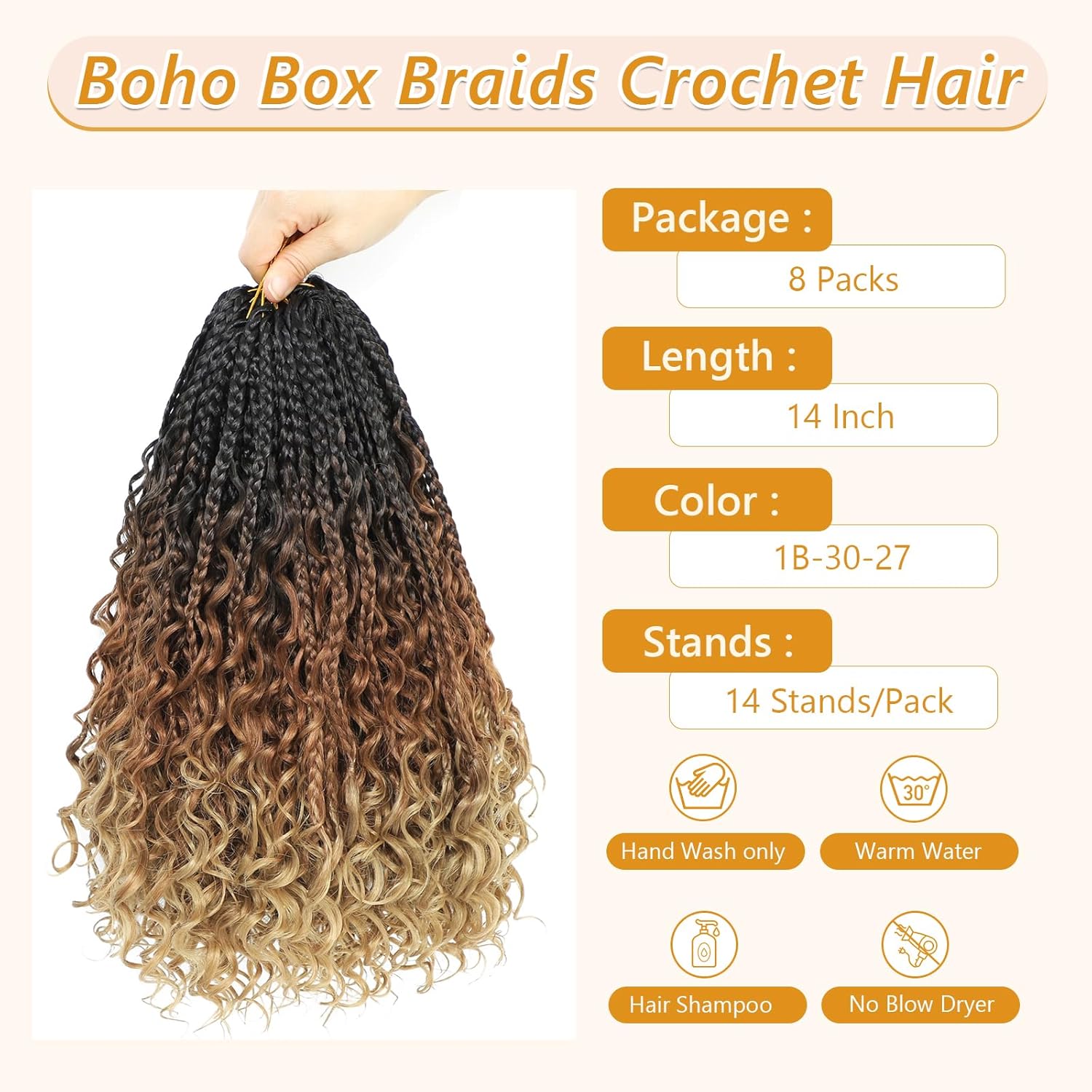 8 Packs Goddess Box Braids Crochet Hair for Black Women -14 Inch Crochet Braids Hair Bohomian Box Braid Crochet Hair Synthetic Braiding Hair (1B/30/27) - Image 3