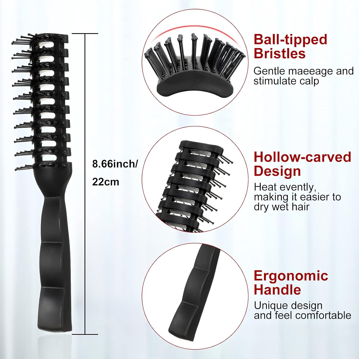 8 Pcs Curved Vented Hair Brush Set Bulk Vent Brushes Anti Static Detangling Brush with Ball Tipped Bristles and Lightweight Grip Control for Wet Short Curly Straight Hair Blow Drying Quickly, Black - Image 2