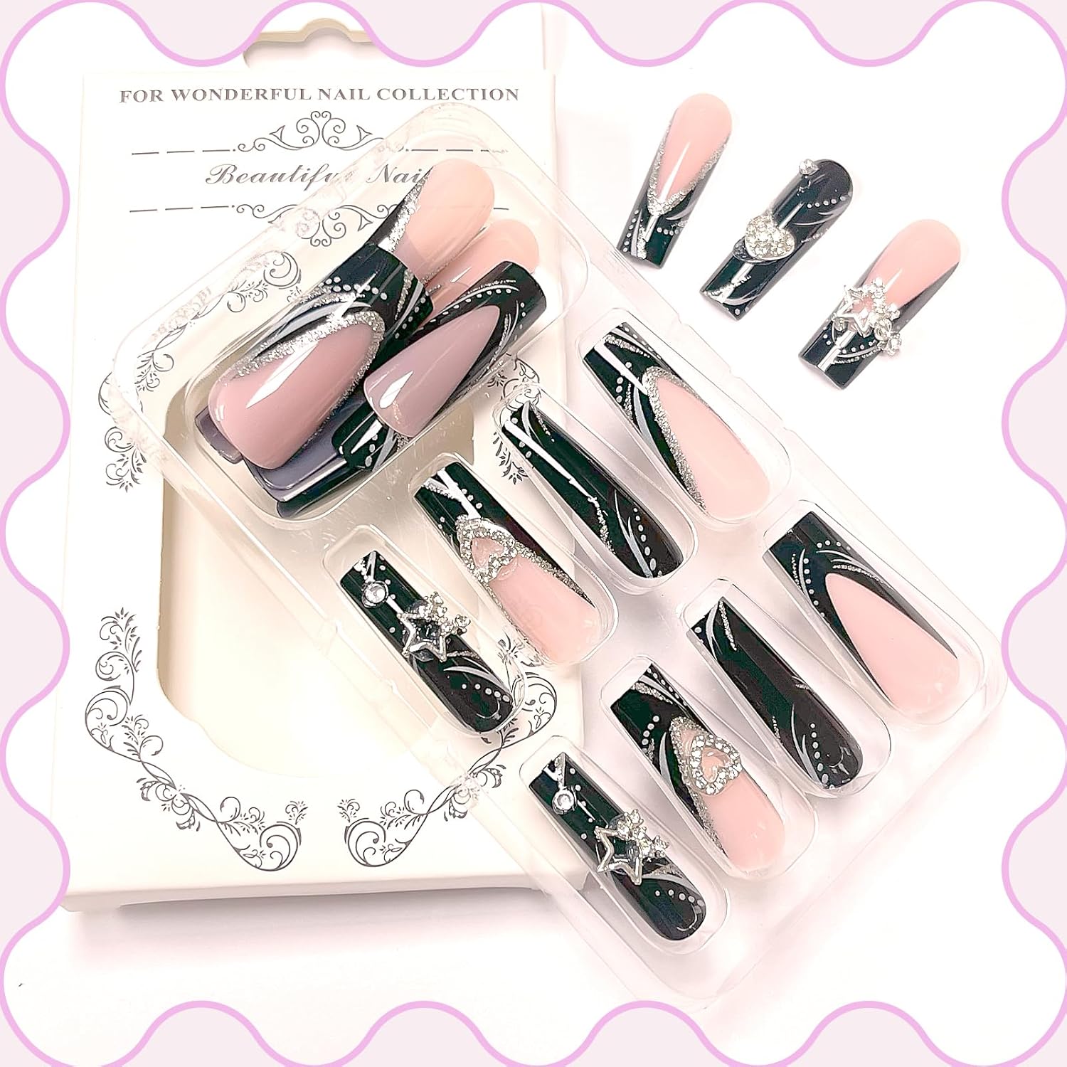 Long Press on Nails Black French Tip Long Fake Nails Coffin Press on Nails Square Black False Nails with Silver Star Charm Design Acrylic Nails Press on Artificial Nails Stick on Nails For Women-24Pcs - Image 4