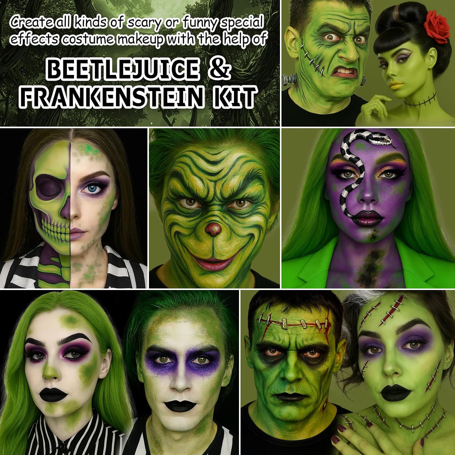 Halloween Beetle-juice Makeup & Frankenstein Makeup Kit, Face Paint SFX Character Set with Black Lipstick & Applicators for Ghost, Zombie, Grinch Special Effects Make Up, Costume Cosplay Party & Stage - Image 7