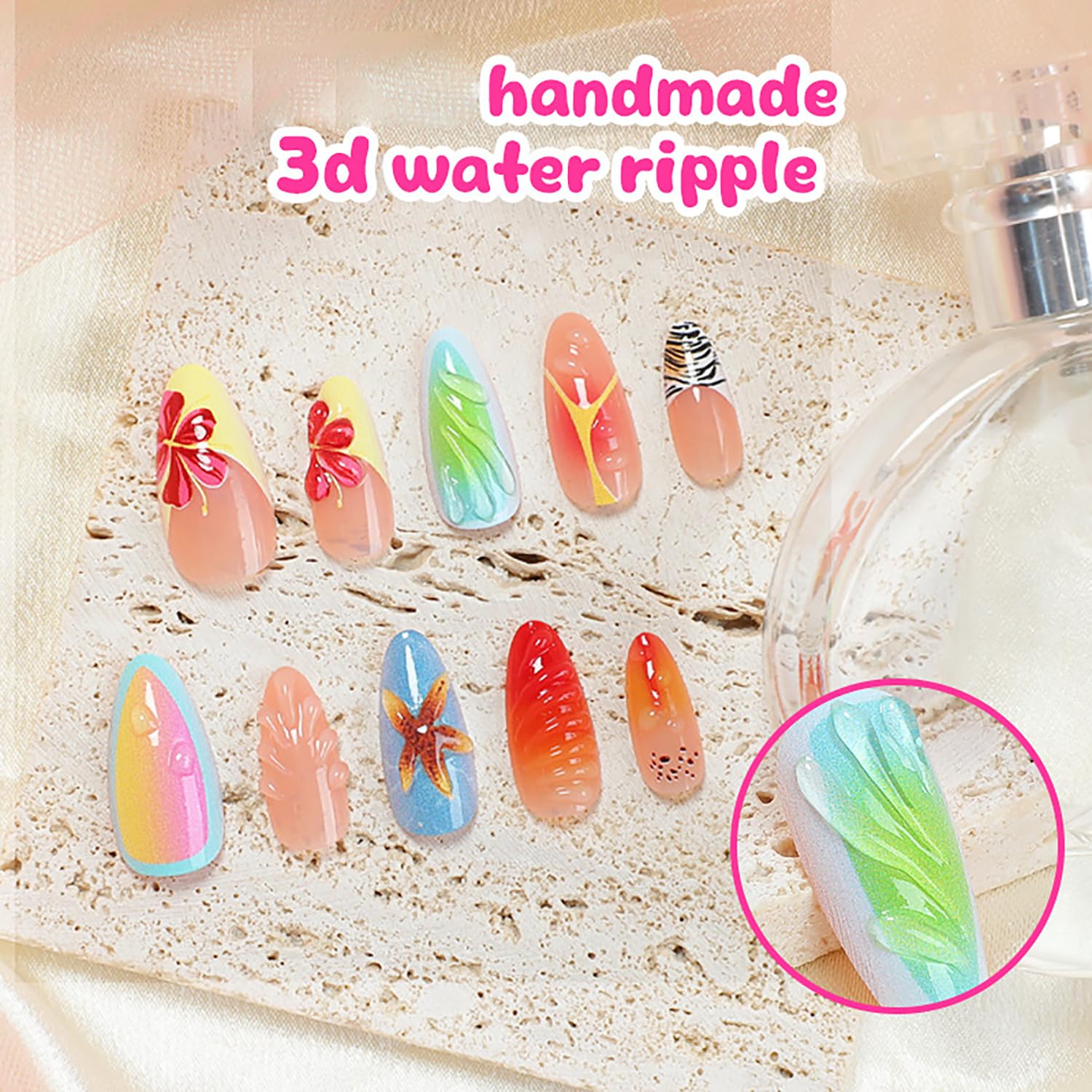 TBRZTR Press on Nails Long Length Almond Gradient False Nails 3D Flower Starfish Design Full Cover Coffin Nails Artificial Stick on Nails French Acrylic Nails DIY Glue on Nails for Women Manicure Kit - Image 2