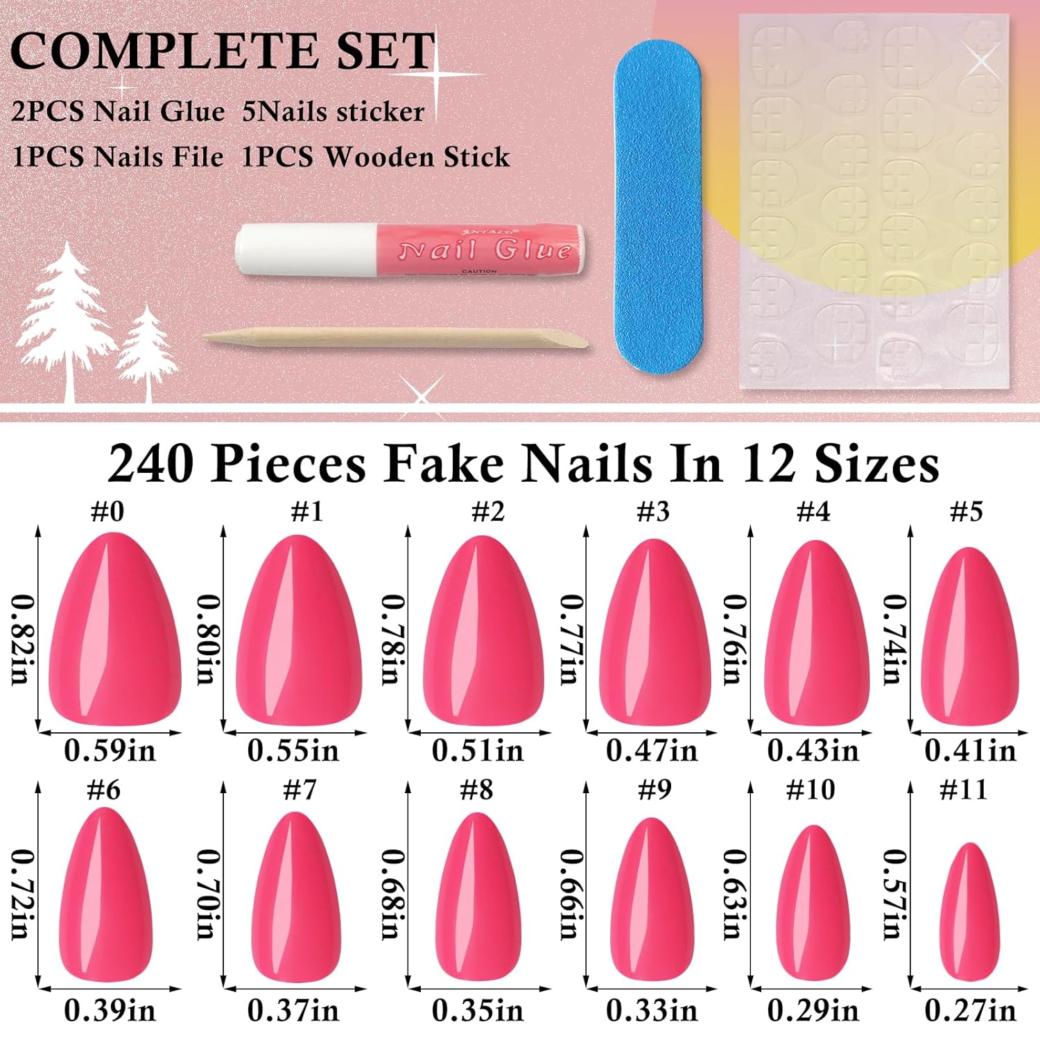 LoveOurHome 240pc Short Almond Hot Pink Full Cover Press on Artificial Fingernails - Image 2