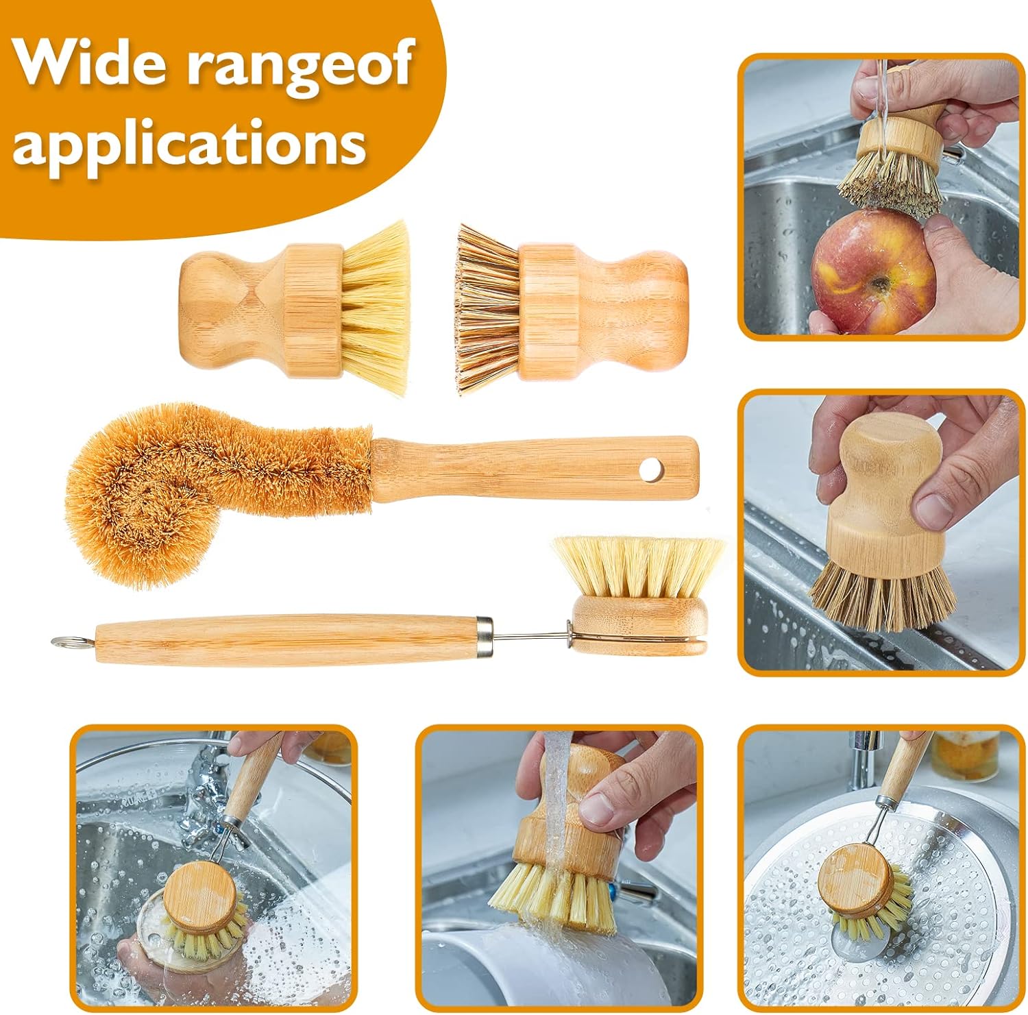 Bamboo Dish Brushes Sets 4 Tools in One Kitchen Clean Dish Scrubber for Pots Pans Bottles with Natural Bristles (Bamboo Brushes Sets) - Image 4