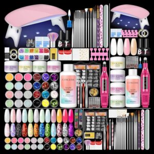 COSCELIA Acrylic Nail Kit for Beginners with Everything,4 Colors Acrylic Powder Professional Nail Kits with Nail Drill U V Light Glitter Decorations DIY Extension Nails Home Use for Women