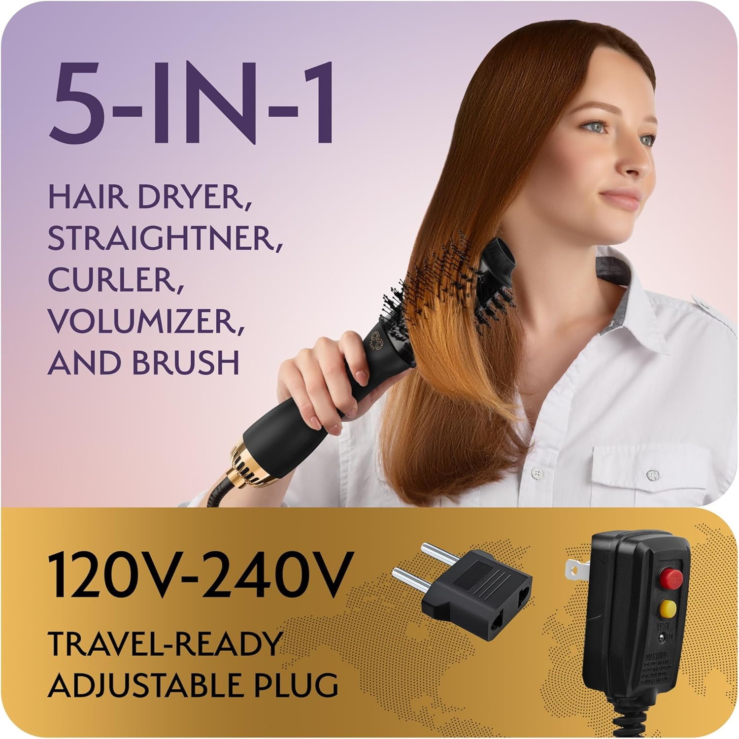 Professional Dual Voltage Blowout Hair Dryer Brush for European Travel 110V-120V/220V-240V, Black Gold Dryer and Volumizer, Hot Air Brush for Women, 2.4 INCHES Oval Shape - Image 2