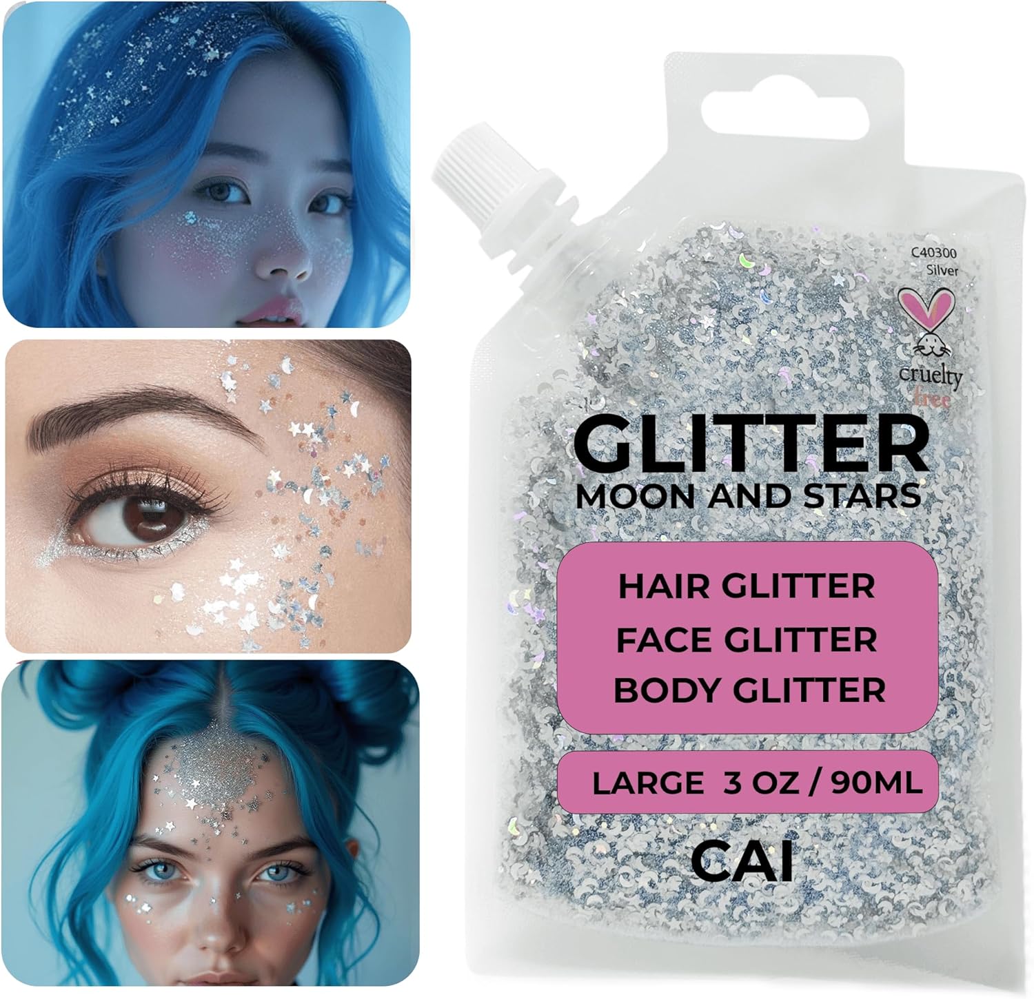 Hair Glitter Gel; Body Glitter & Face Glitter for Women/Kids (Large 3 Oz Silver) Moon & Stars; Iridescent Holograph Cosmetic Grade- Apply Without Glue, Easy to Take Off Keeps Skin Clean - Image 4
