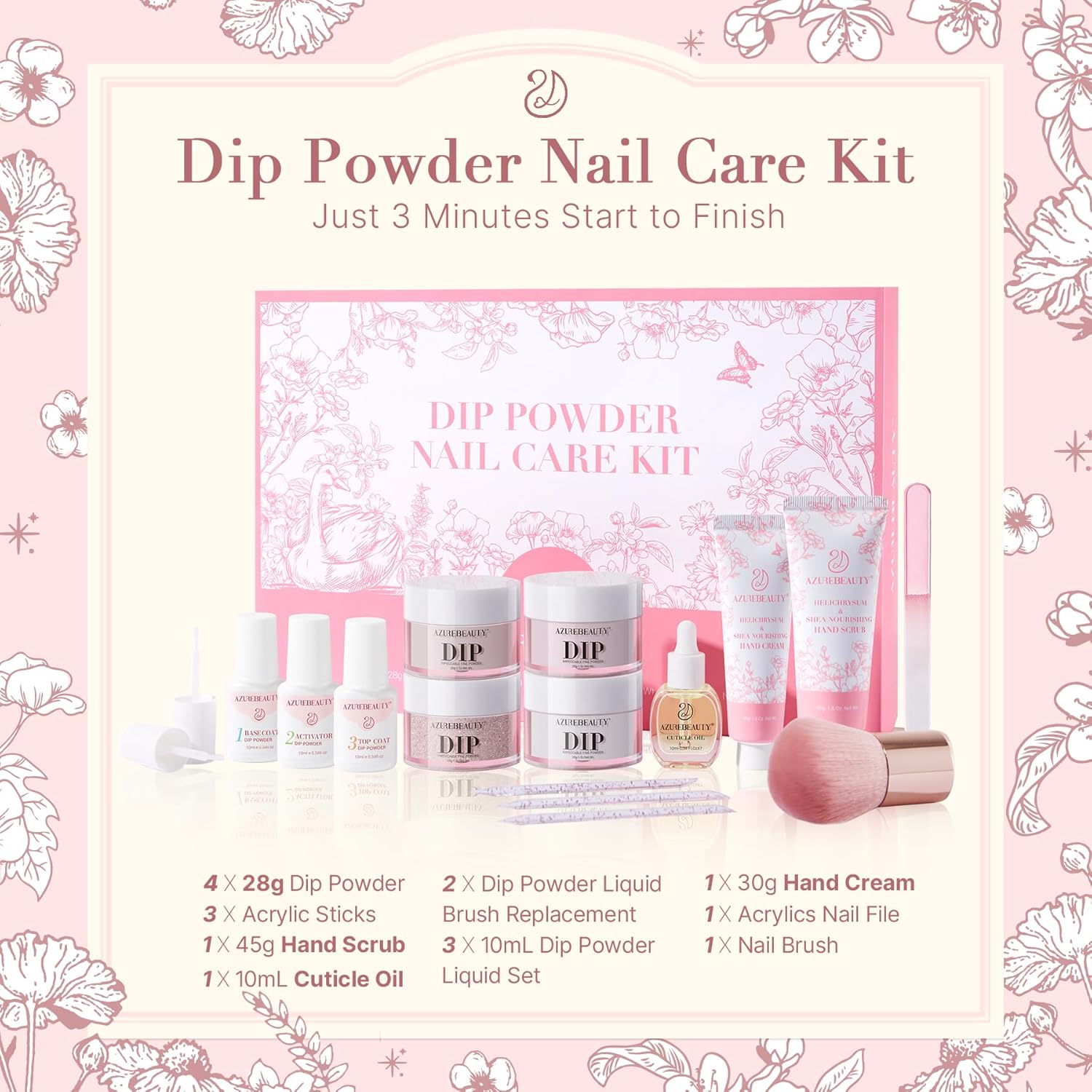 AZUREBEAUTY Dip Powder Nail Kit 28g/1Oz Nude Pink with Nourishing Hand Cream Hand Scrub Cuticle Oil Dipping Liquid Set Top/Base Coat Activator for Holidays Gift Set - Image 7