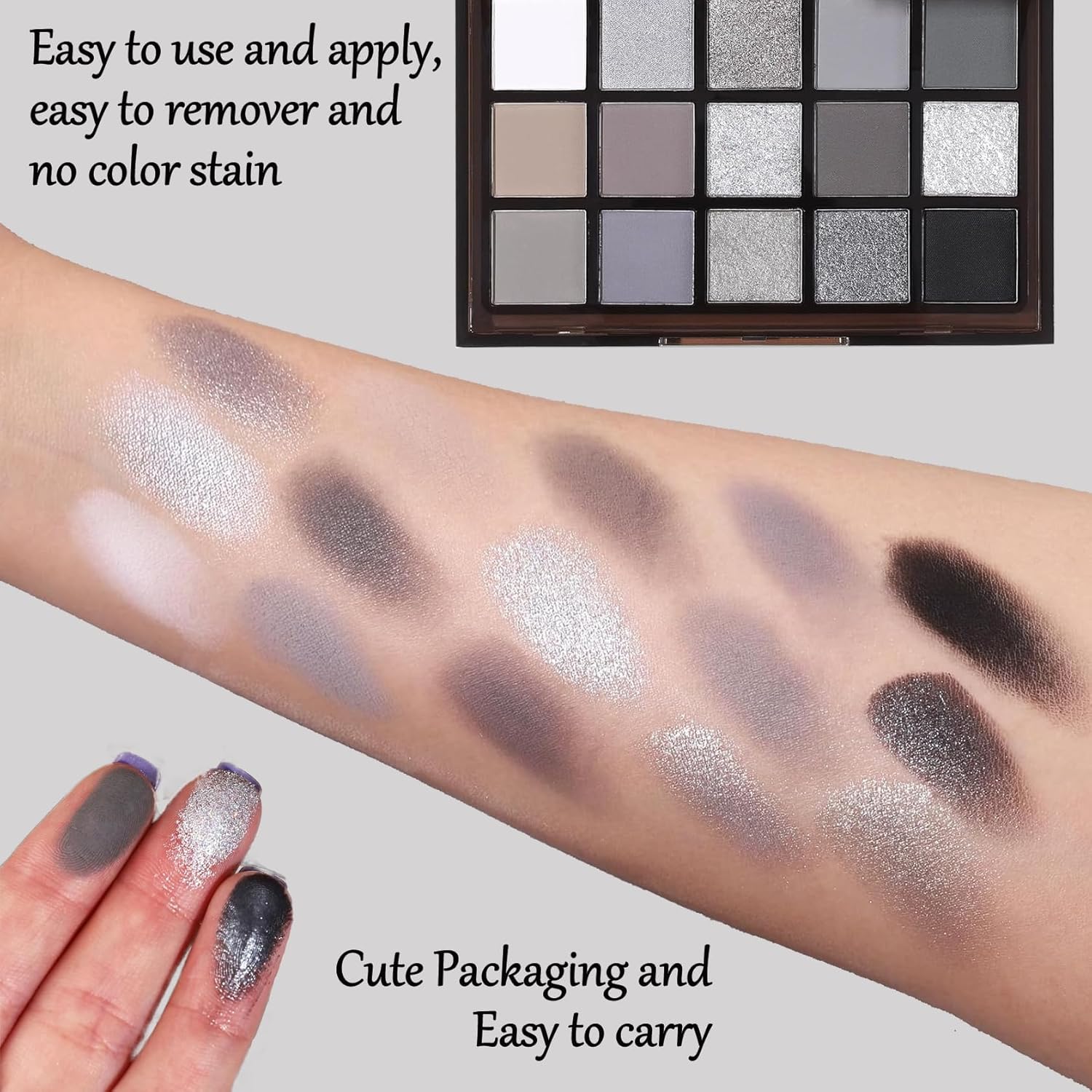 Black Grey Smoky Eyeshadow Palette,15 Colors Matte Shimmer Pigmented Eye Shadow Makeup Palette Set with 3 Eyeshadow Brushes,Glitter Eyeshadow Makeup Palette for Daily Halloween Goth Makeup(A) - Image 6